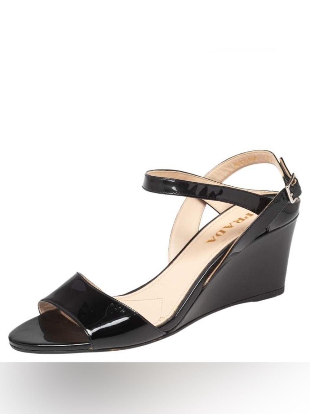 PRADA Black Patent Leather Wedge Slingback Sandals Size 38.5 MSRP $1300